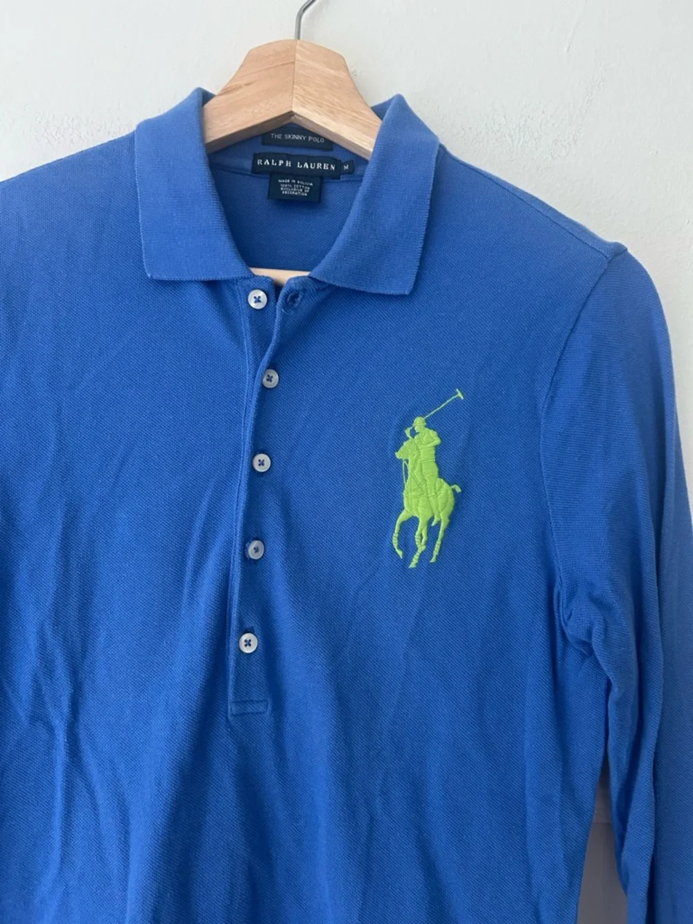 Y2K Ralph Lauren Medium Skinny Polo Blue Neon Green Big Pony LS - Picture 5 of 9